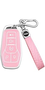 for Ford Key Fob Cover with Keychain, Soft TPU Key Fob Cover Case Shell Compatible with Ford Mustang Fusion F150 Explorer Edge Lincoln MKC MKX MKZ Smart Remote Holder (Pink, 5 Button)