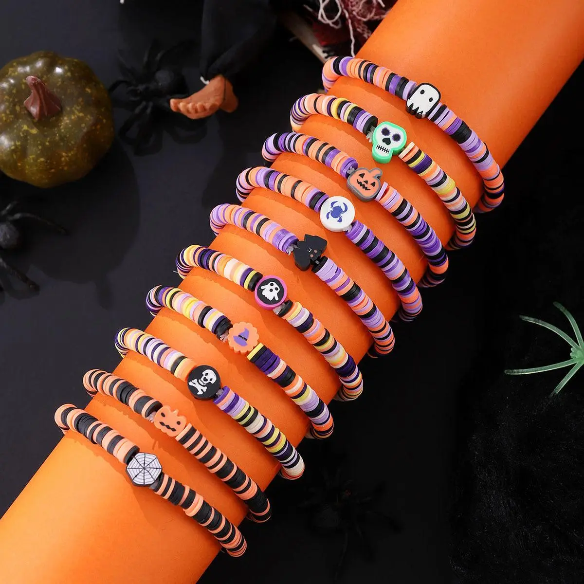 10Pcs Multi-layer Halloween Elastic Bracelets Set - Gothic Adorable Ghost Pumpkin Skull Witch Hat Adjustable Bracelets, Retro Spooky Halloween Accessories for Halloween Celebration, Costume Parties & Daily Wear, Ideal Gift