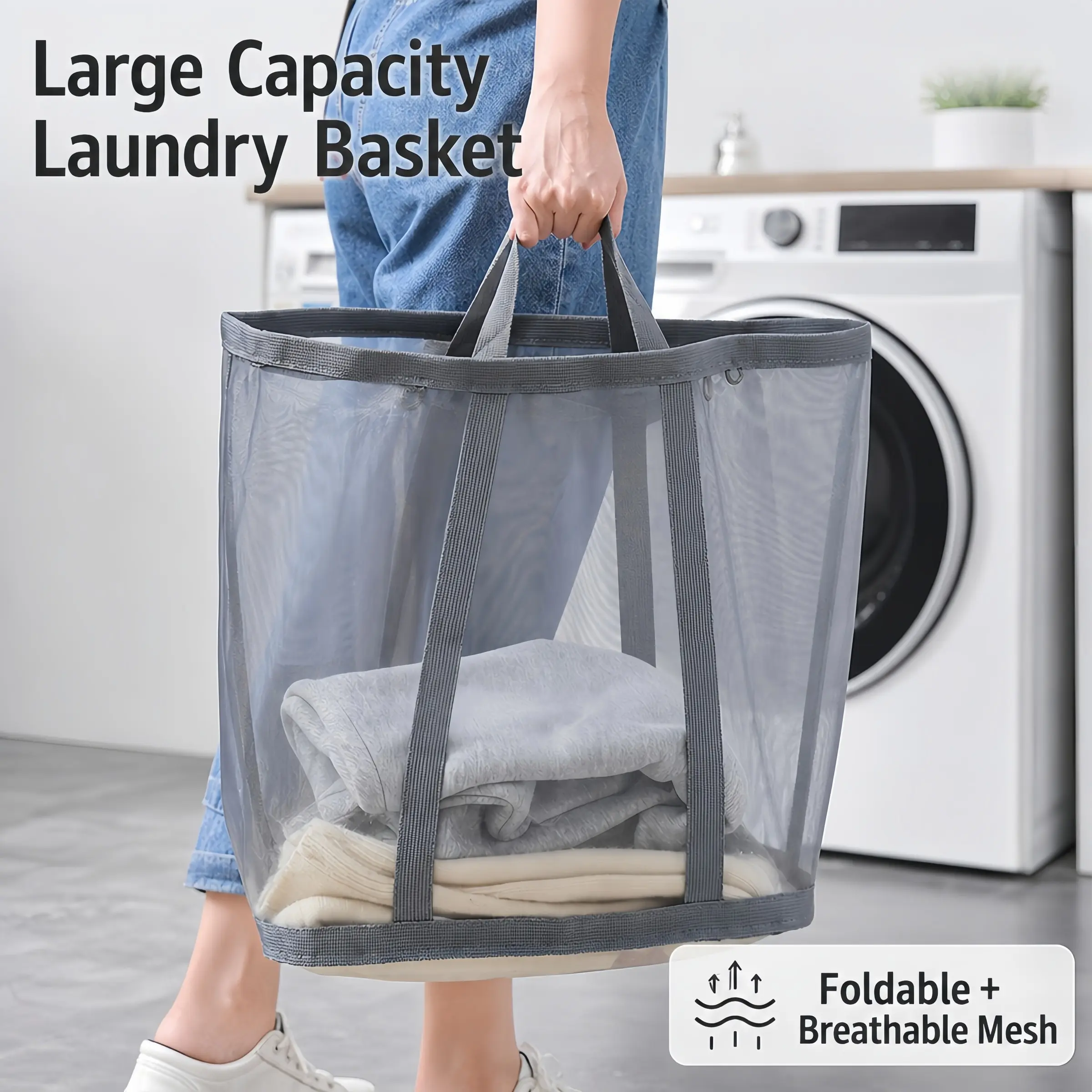 Hanging Laundry Basket with Hook, Foldable Mesh Clothes Hamper, Large Capacity Dirty Clothes Storage Bag for Bathroom Bedroom Dorm, Space Saving Organizer