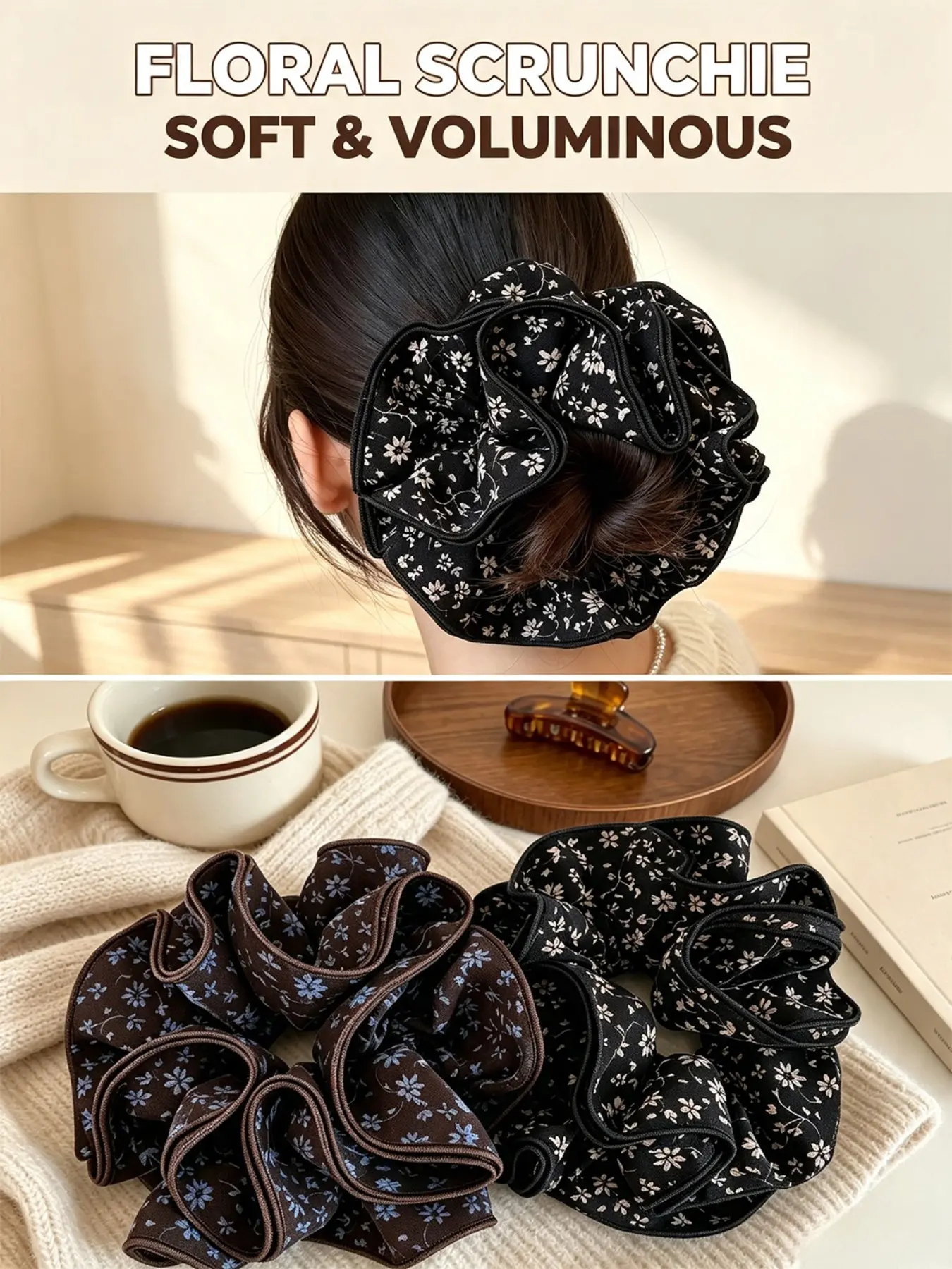 2-Pack Vintage Floral Fabric Hair Ties, Soft Chiffon Material, Wide Folded Edge Design, Perfect for Office, Casual, Date, Travel