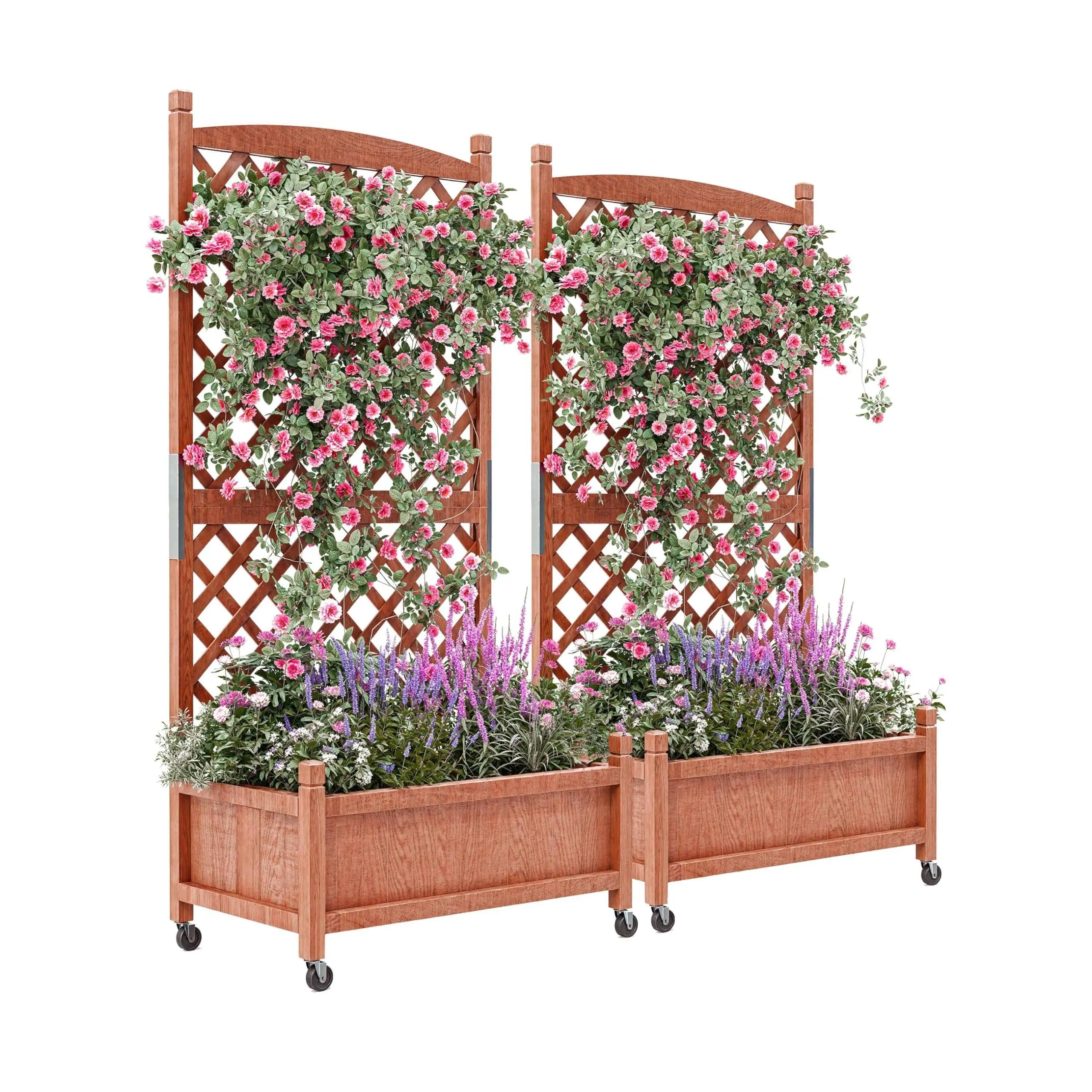 Set of 2 Wood Planter Box with Trellis 29.5x13x61.5in, Raised Garden Bed on Lockable Wheels, Vertical Standing Horticulture Planter with Drainage System, Portable Outdoor Indoor for Patio Garden Flowers