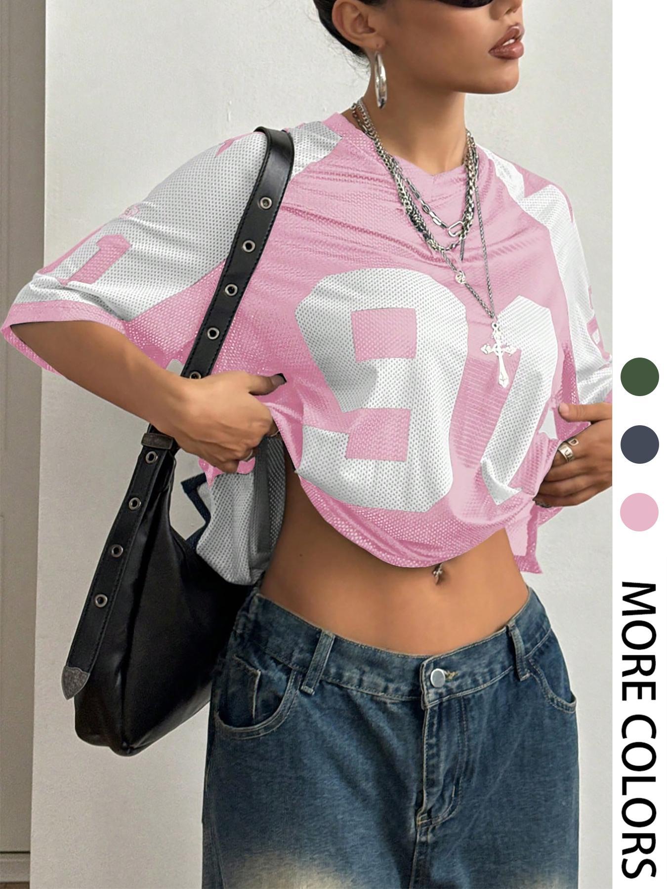 Women's Number Print Tee, Casual Loose Half  Sleeve T-shirt for Summer, Ladies Clothes for Daily Wear, Top