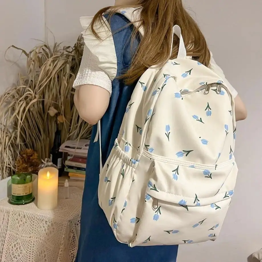 Women's Floral Waterproof Backpack, 2-Color Large-Capacity Kawaii Schoolbag for Teenage Girls Students, Fresh Travel Book Bag (Party Supplies), Two Colors