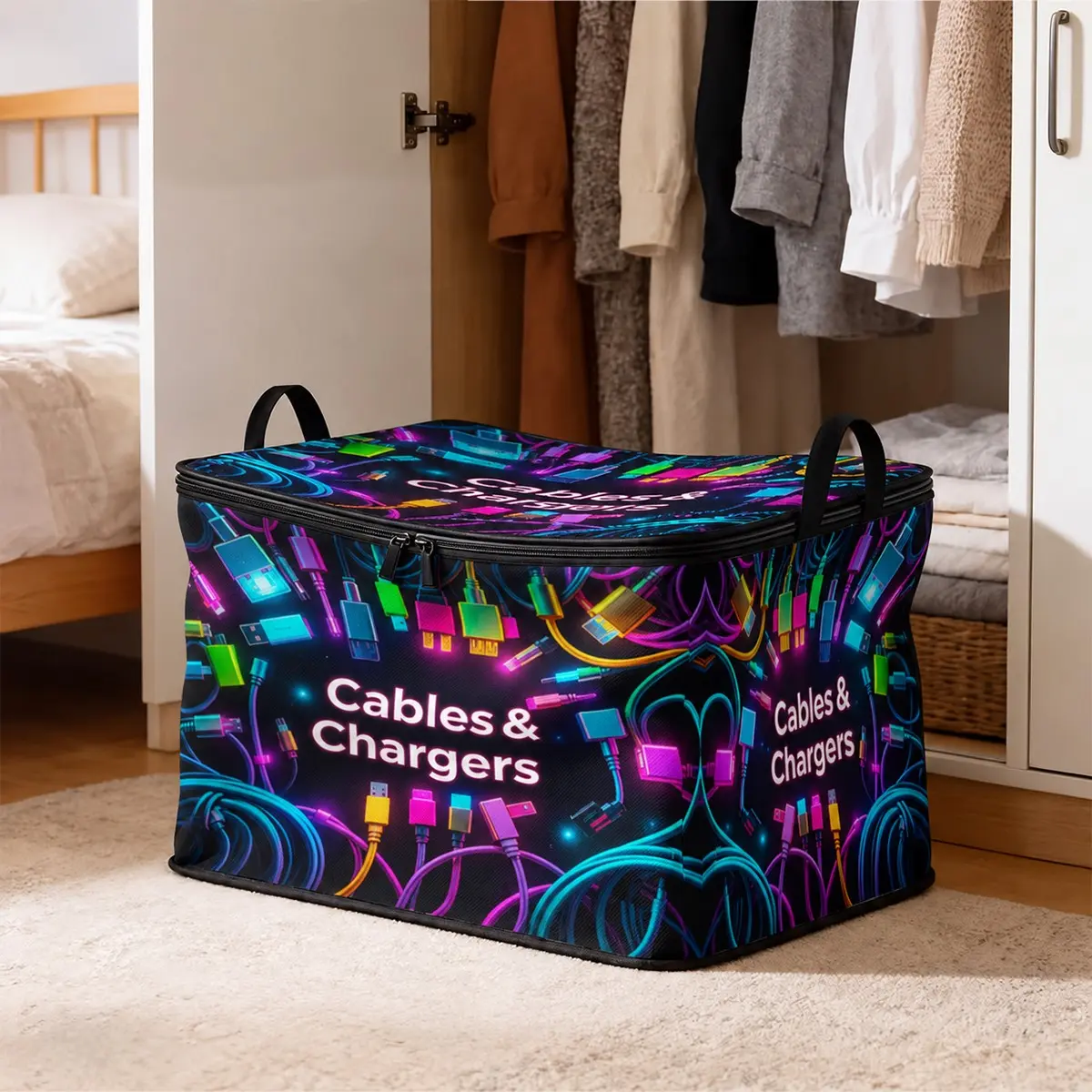 1PC Cables & Chargers Print Storage Bin, Large Foldable Fabric Storage Box with Lid & Zipper, Portable Organizer for Electronics, Cords, Clothes, Blankets, Bedroom, Closet & Dorm