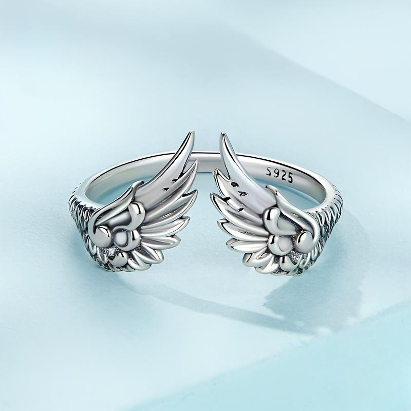 S925 Sterling Silver - Wings Open Ring - Simple Retro Guardian Feather - Finger Ring Hand Jewelry - 1pc