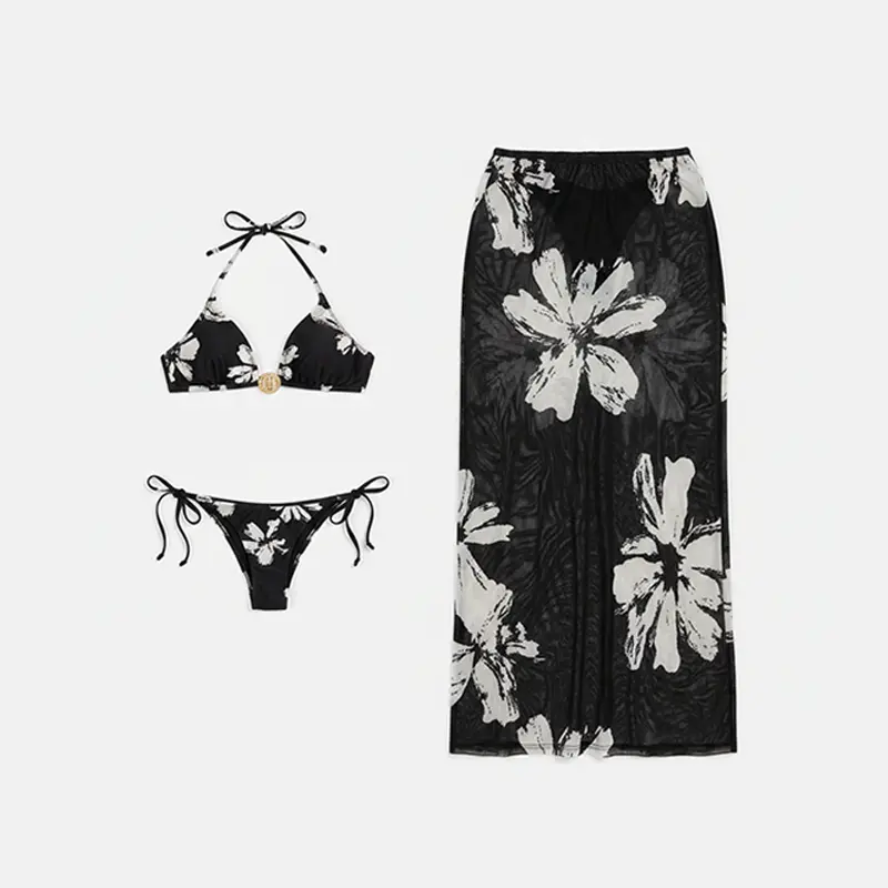 Women's Floral 3-Piece Swimsuit - Black Halter Bikini with Long Sheer Mesh Maxi Skirt Cover-Up, Ideal for Beach Outings, Three-Piece Swimsuit
