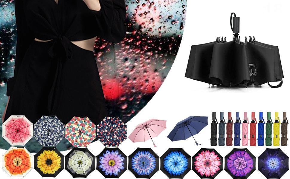 LANBRELLA Compact Reverse Folding Umbrella Auto Windproof Travel Umbrella