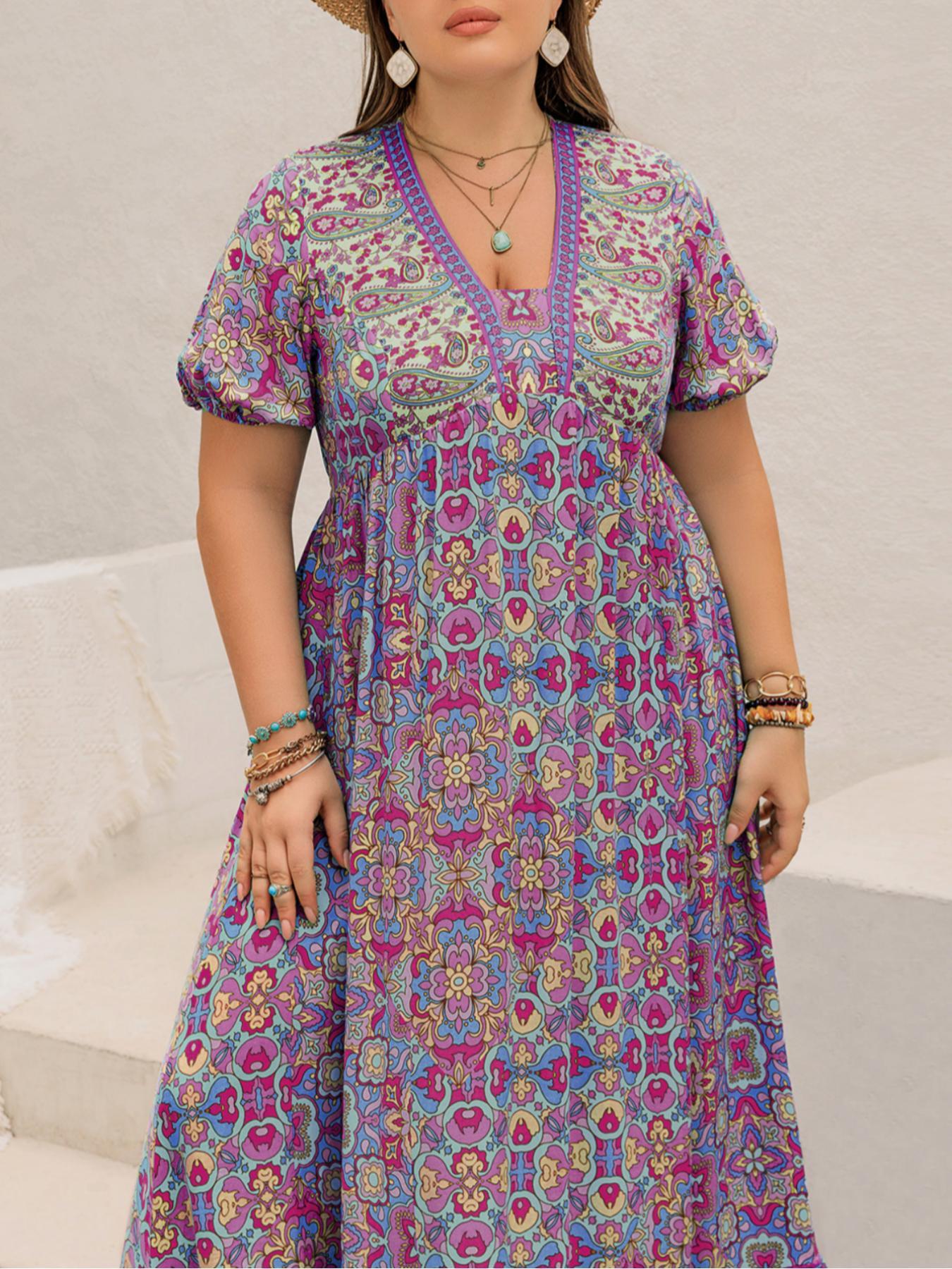 【Plus Size】 Floral Print Short Sleeve Dress, Boho Fashion Casual Dress for Beach Holiday Vacation, Women's Plus Clothing for Summer, Bohemian, Bohemian Casual Wear, Boho Summer Outfit 【Plus Size】 Floral Print Short Sleeve Dress, Boho Fashion Casual Dress for Beach Holiday Vacation, Women's Plus Clothing for Summer, Bohemian, Bohemian Casual Wear, Boho Summer Outfit