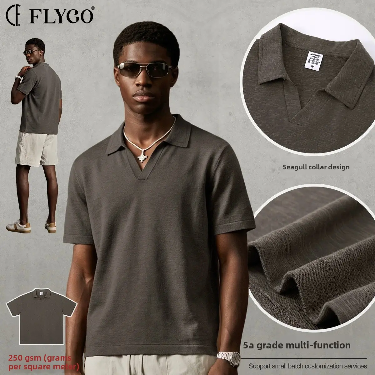 FLYGO Men's Vintage Solid Color Heavyweight Boxy Fit Polo Shirt, Loose Drop Shoulder Short Sleeve Top Menswear Tropical Casual Shortsleeve Dalmatian Beige Plain