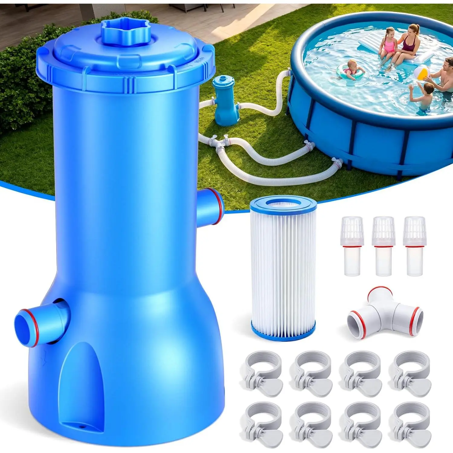 Pro 1000 GPH Above Ground Pool Filter Pump, Pool Pump with GFCI Protection Plug, Powerful Cartridge Filtration System for Clean & Clear Water,Easy Installation, Complete Accessories, Blue