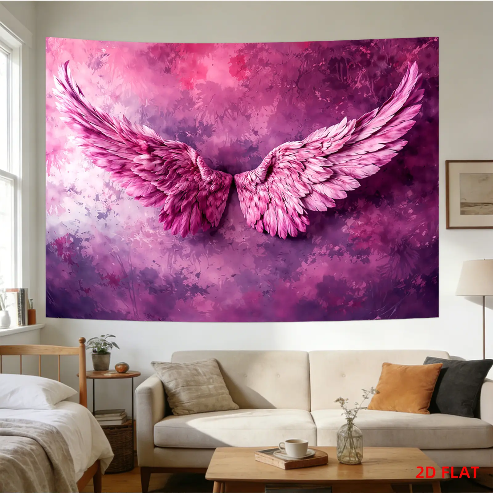 Pink Angel Wings Tapestry - Synthetic, Light Weight, Abstract Background, Feather Detail, Ethereal Winged Art, Non-Luminous Hanging Room Wall Decoration, Suitable for Living Room, Outdoor Use, Ideal Gift
