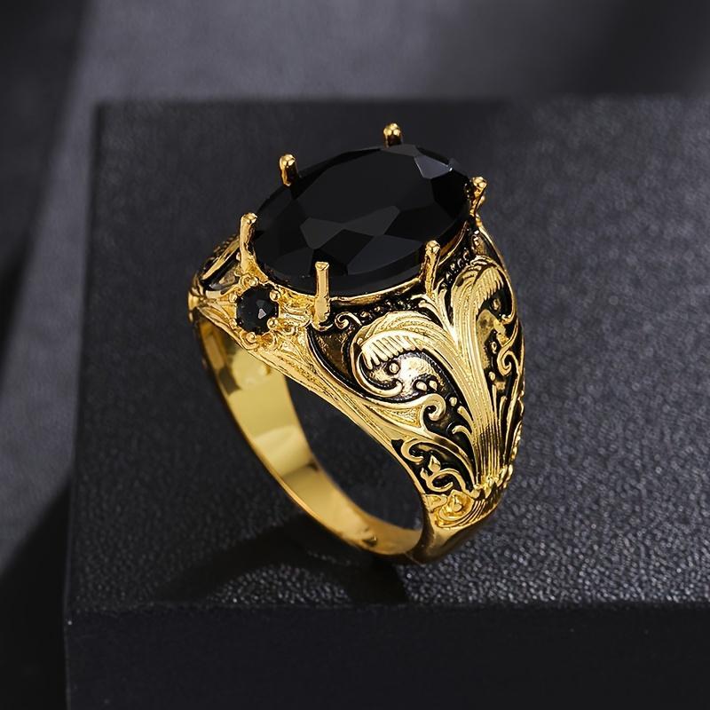 Vintage Men's Ring with Black Oval Artificial Gemstones, Copper Craft, Retro Gold Finish, Casual Daily Wear Ring, Perfect Gift for Men and Women