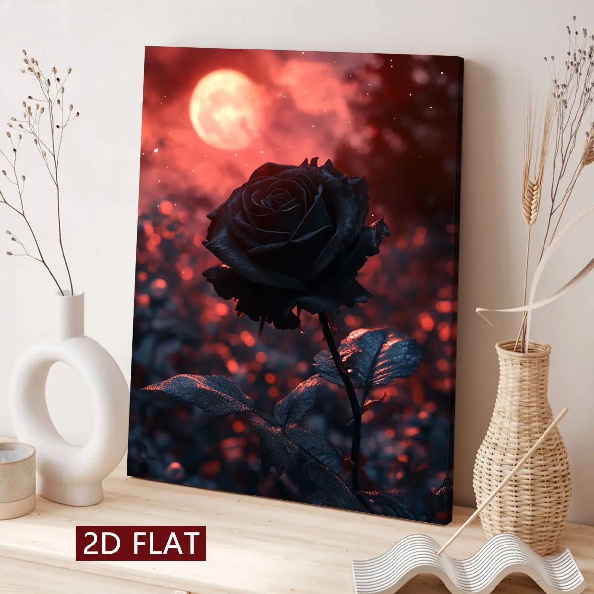 Modern Art Canvas Poster, Moon Rose Atmosphere, Waterproof, Home Decor for Living Room, Bedroom, Office, Solid Wood Frame
