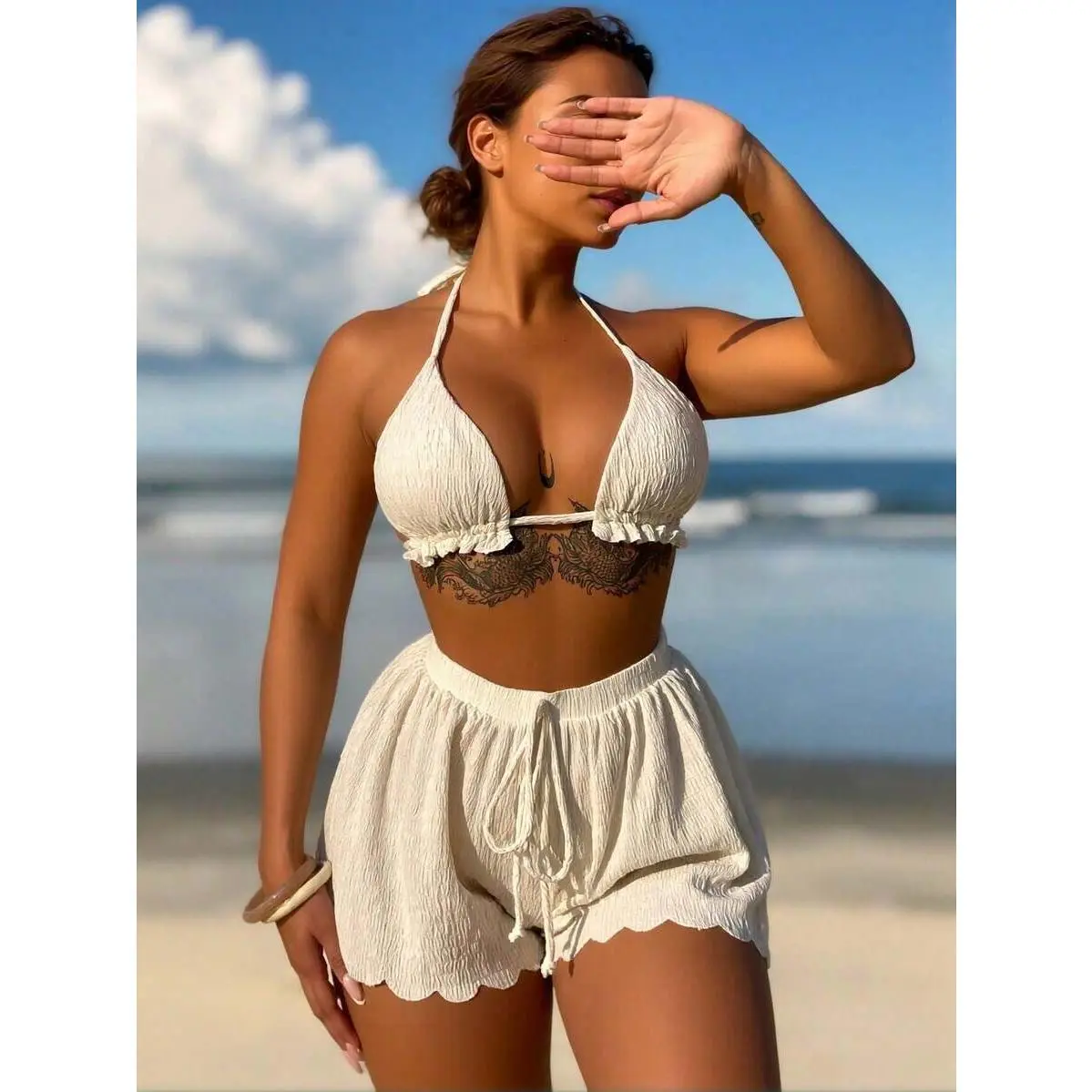 2026 New Halter Bikini And Shorts Set For Women, Textured Ruffled Two Piece Swimsuit For Beach Vacation