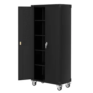 Heavy Duty 72" Locking Metal Storage Cabinet with Wheels - Pegboard Doors, 4 Adjustable Shelves - Mobile Steel Organizer for Garage, Workshop, Home Office, Pantry