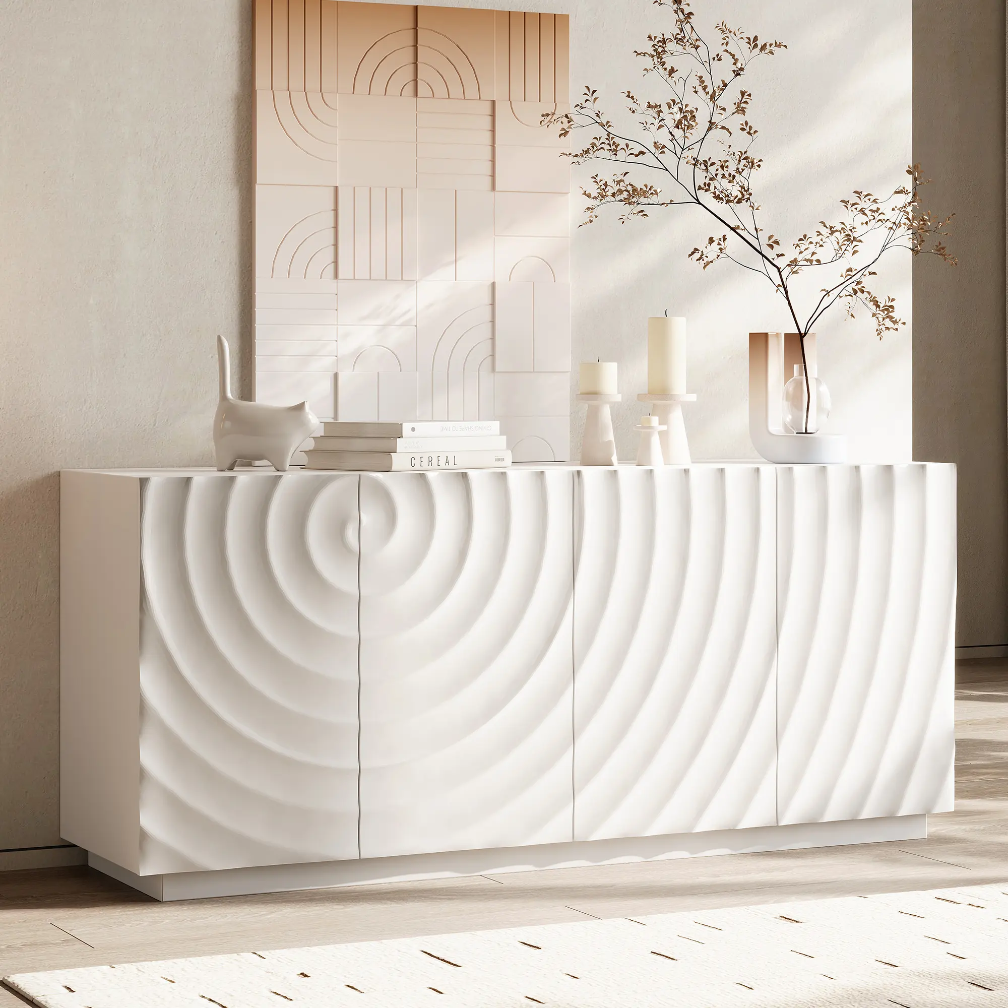 ARCH Buffet Cabinet with Storage, 4 Doors Modern Accent Sideboard, Freestanding Floor Cabinet for Kitchen Living Room Dining Room, 59" Wide Rectangular White Sideboard with Anti-Dumping Design, Home Furniture and Household Product Search Terms