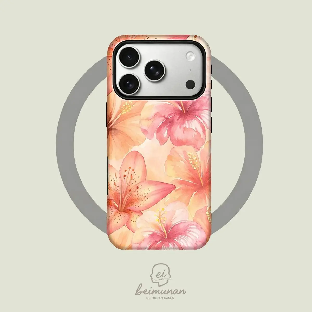 This light orange watercolor-style protective case features a fresh hibiscus and lily pattern. It's a durable 2-in-1 case, MagSafe compatible, and works with iPhone 17/16/15/14/13/12/11 Pro Max/Plus/Pro.
