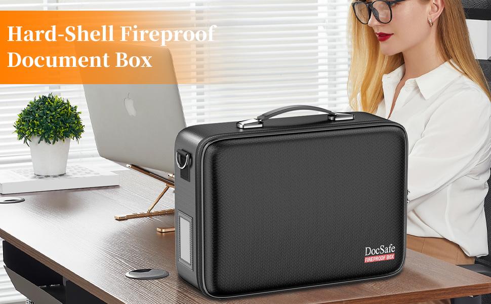 Fireproof Document Box with Lock and Shoulder Strap, Hard-Shell File Organizer with Accordion File Folder, Multi-Layer Portable Safe Storage for Important Documents and Laptop for Home Office and Travel