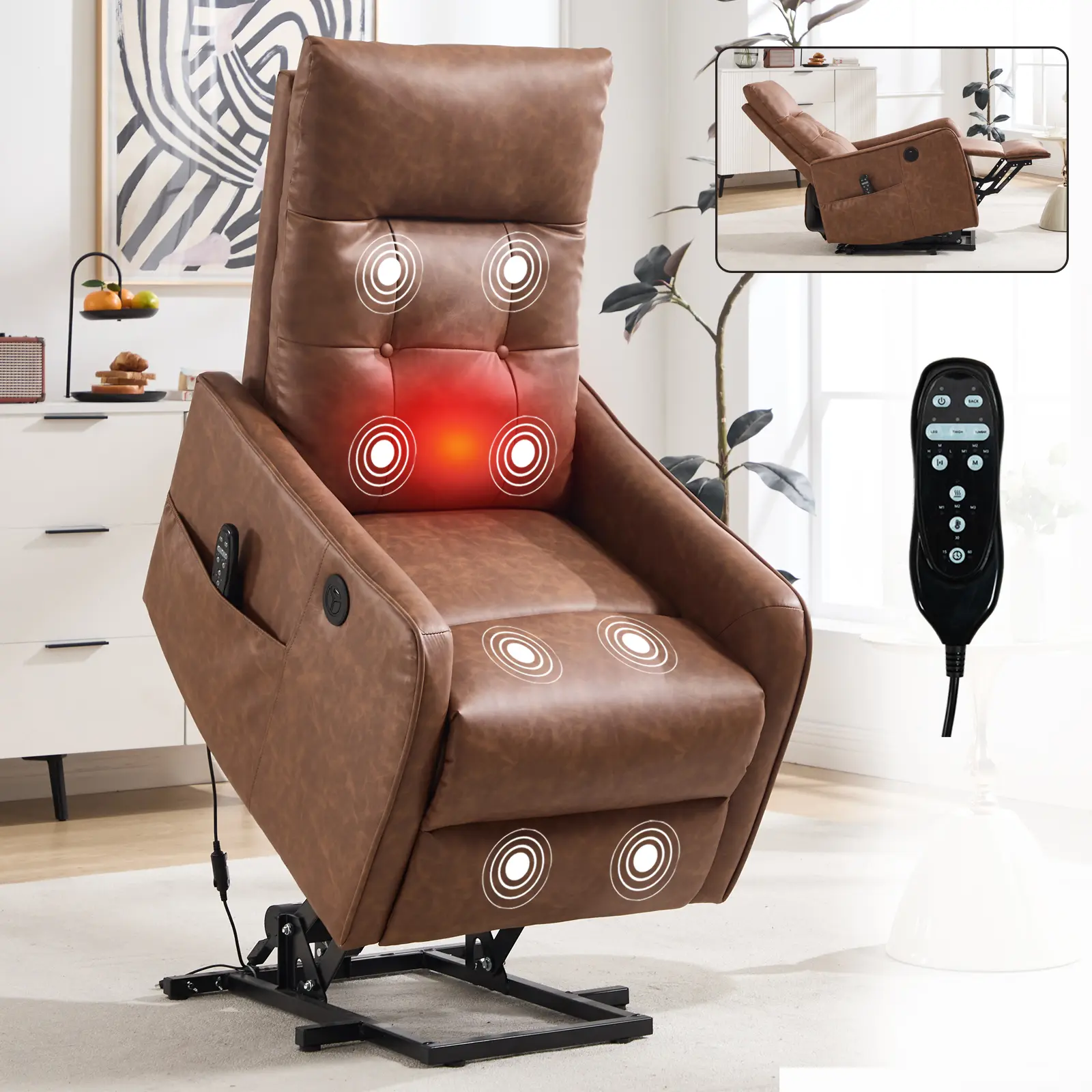 ARCH Power Lift Recliner Chair with Massage and Heat for Elderly, Brown Faux Leather Single Motor Reclining Living Room Chair with USB Port, Heavy Duty 155° Reclining, Easy Assembly, Brown Color Options, Faux Leather Material, American Design Style