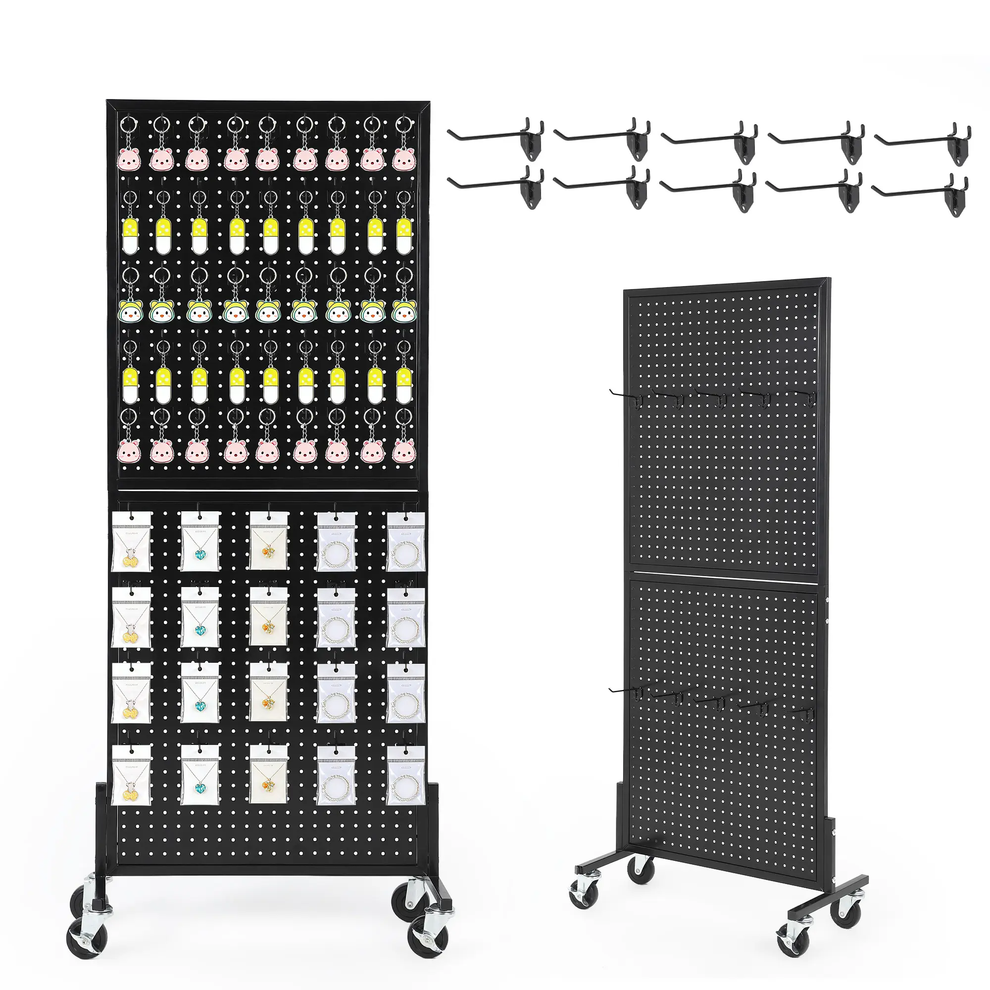Heavy Duty Black Metal Pegboard Display Stand, 2ft x 5ft Floor Organizer with Adjustable T-Shaped Base, Lockable Wheels and 10 Hooks for Retail Shop & Garage Storage