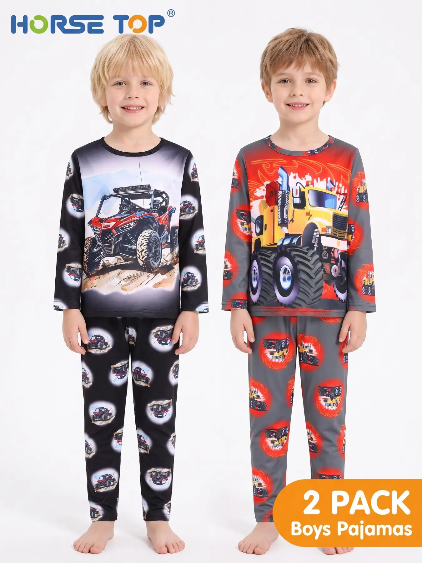 4-Piece Boys' Pajama Set, Car Theme Long Sleeve & Pants, Flame-Resistant Comfortable Sleepwear, Casual Fitted H-Type Design