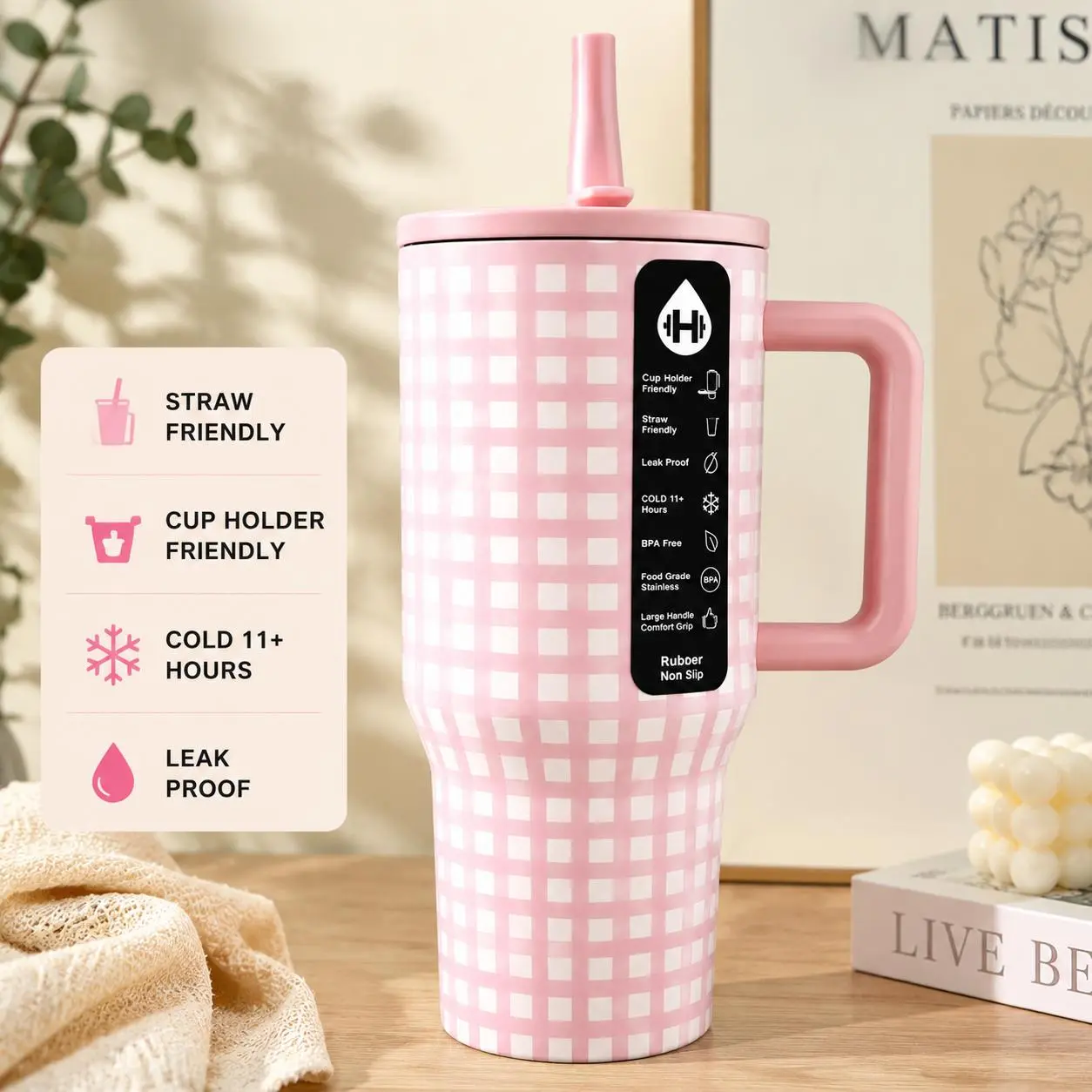 HydroJug 40oz Insulated Stainless Steel Tumbler Soft Pink Gingham Check Plaid Print Matching Pink Handle Lid & Straw 18/8 Food Grade Steel Leak Proof Twist Lid Keeps Cold 24 Hours Cup Holder Friendly Non-Slip Rubber Base BPA Free Large Hydration Mug For G