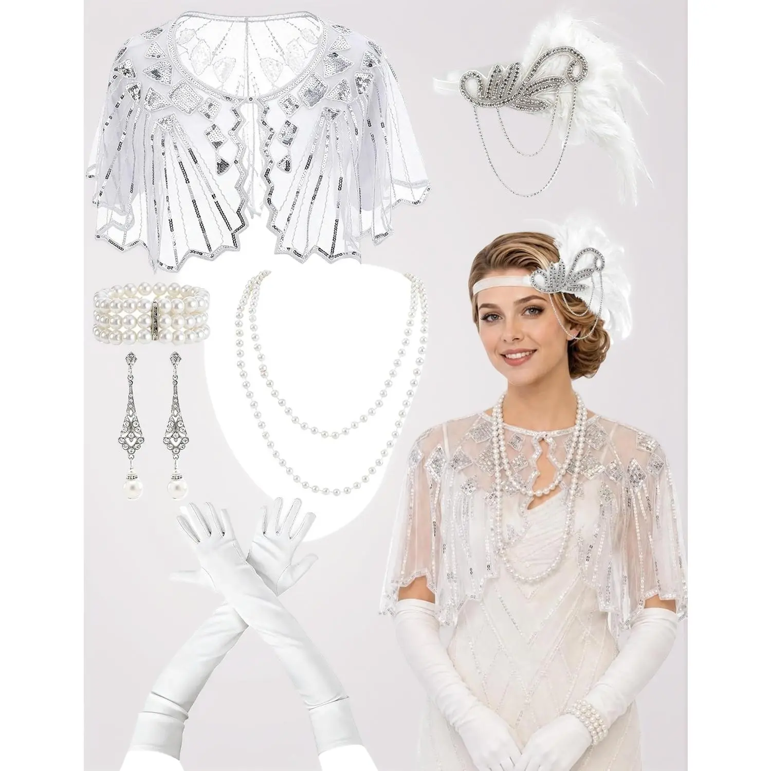 6 Pcs 1920s Accessories for Women, Vintage White 20s Flapper Accessories Roaring 20s Theme Set for Party