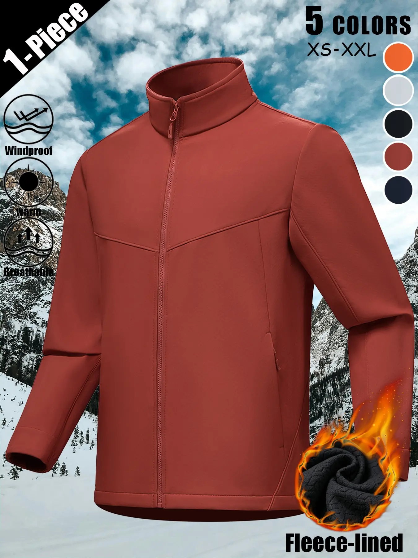 Lightweight Warmth, Full Protection: Fleece-Lined Softshell Jacket Windproof Waterproof Breathable Full Zip Stand Collar Multi Zip Pockets Lightweight Coat for Outdoor Hiking Fishing Cycling Daily Commute Casual Travel