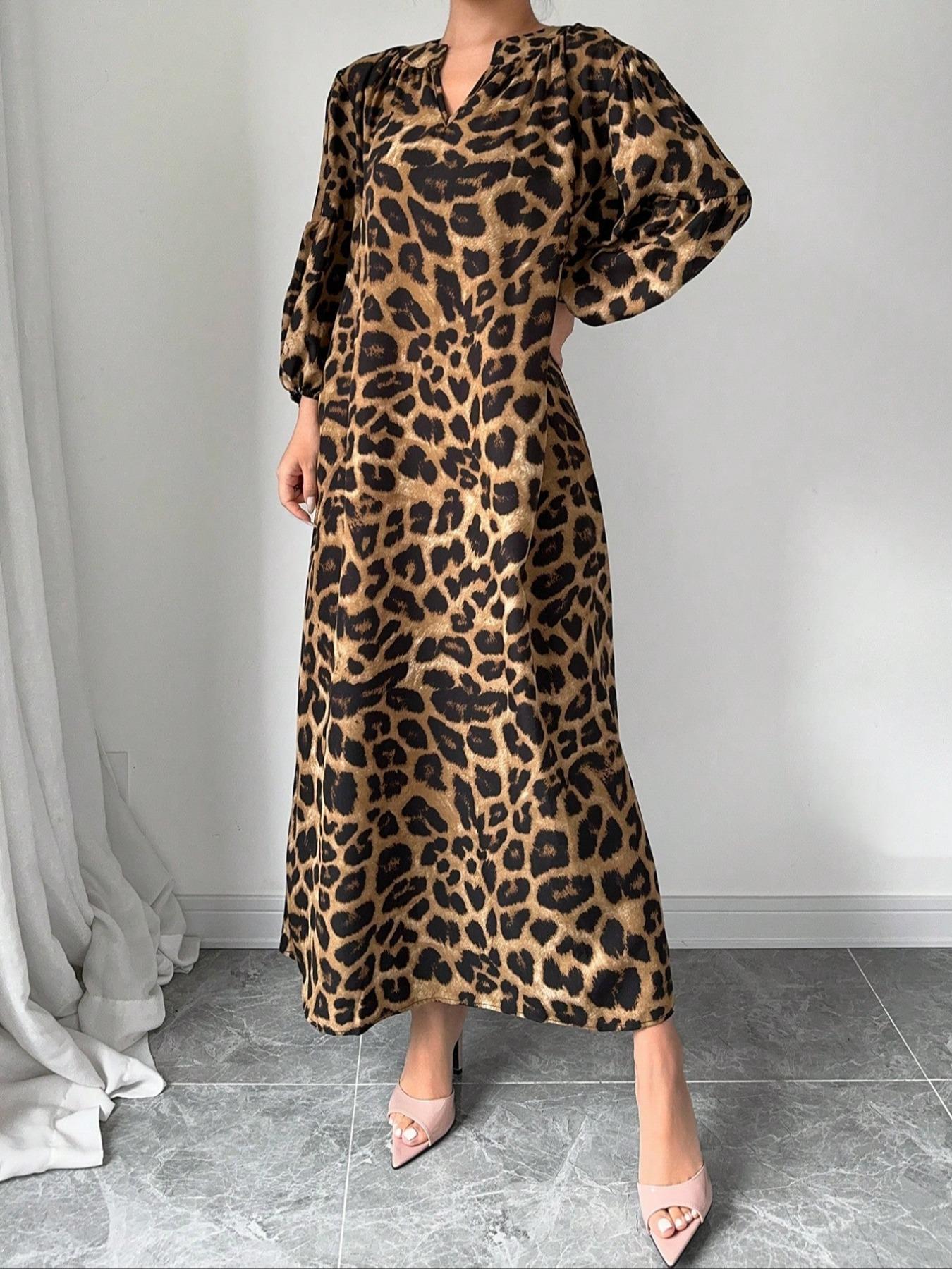 【Plus Size】 Leopard Print Notched Neck Dress, Casual Bishop Sleeve Dress for Spring & Fall, Women's Clothes for Daily Wear