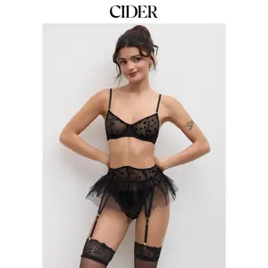 Cider Mesh Heart Ruffle Hem Underwire Lingerie With Brief Set