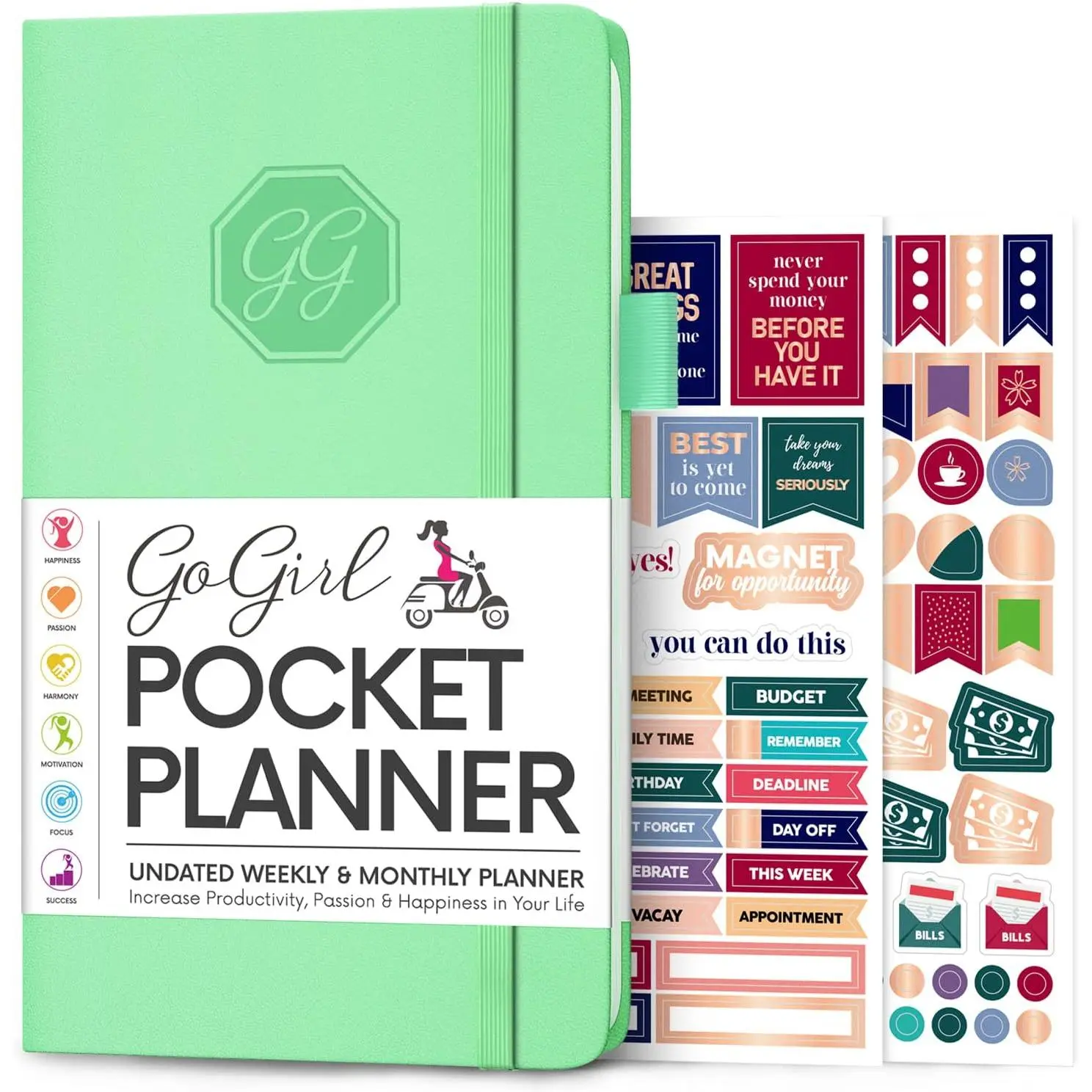 Undated Pocket Planner, Small Weekly Life Agenda, Mint Green | Mini weekly planner for women with monthly calendars, goals journal for time management, productivity and daily organization