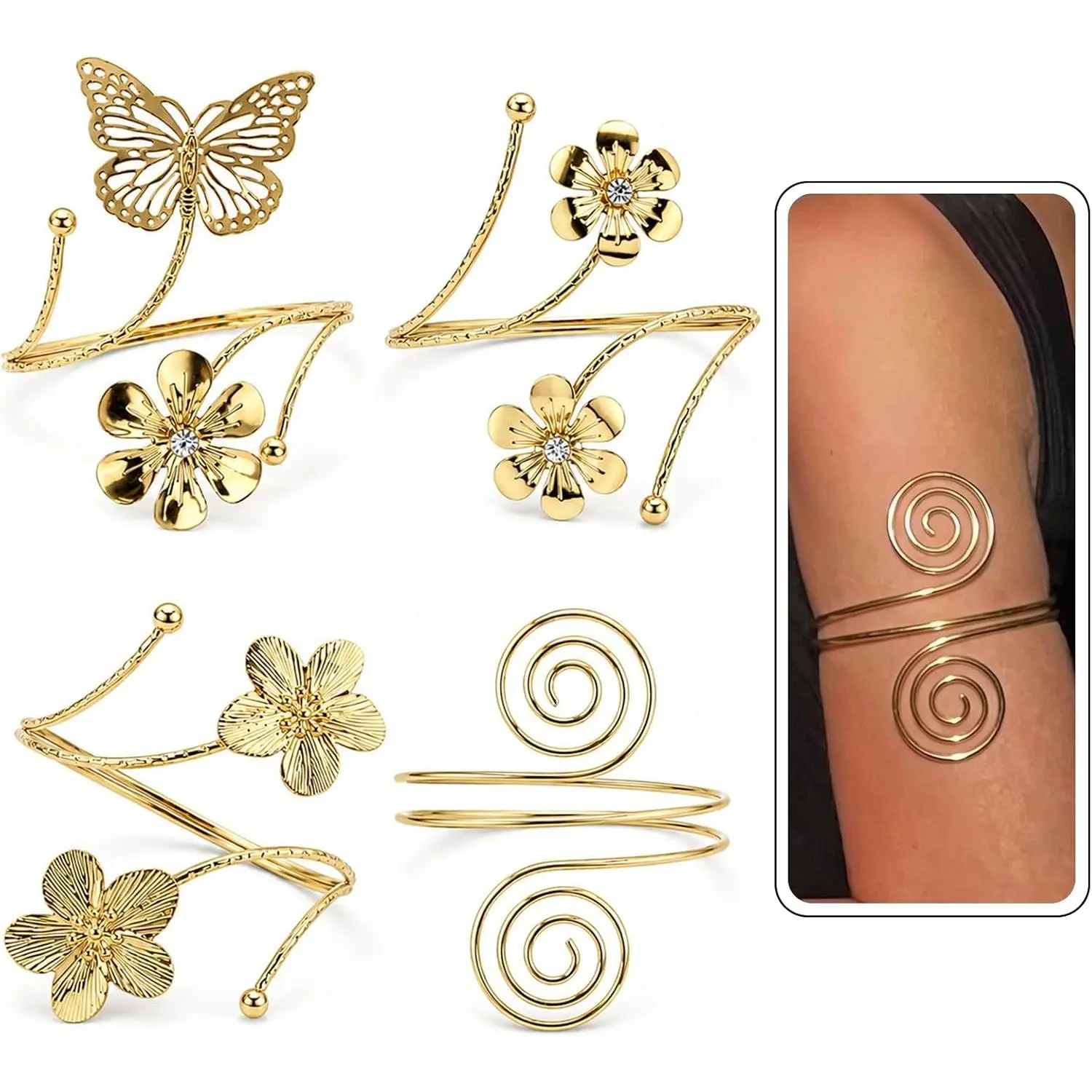 4 count  Arm Cuff for Women, Adjustable Upper Arm Bracelet Stackable  Cuff Bangles, Flower Butterfly Spiral Cuff Bracelets, Boho Arm  Accessories for Prom, Beach, Costumes Party