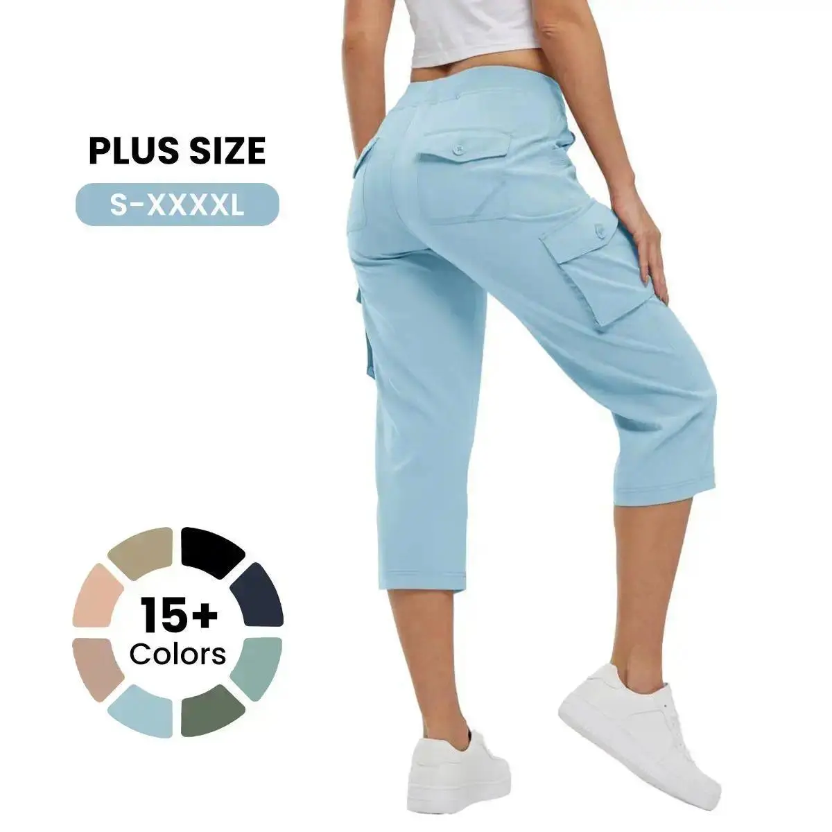 Women Outdoor Athletic Workout Bottoms, Lightweight Quick Dry 6 Pocket Loose Hiking Cargo Capris, S-XXXXL Plus Size Casual Travel Pants for Women 30+