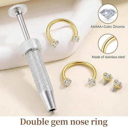 6pcs  20G(0.8mm)/18G(1.0mm) 8mm Horseshoe Nose Hoop Internally Threaded Gems Nose Ring with Free Ball Holder