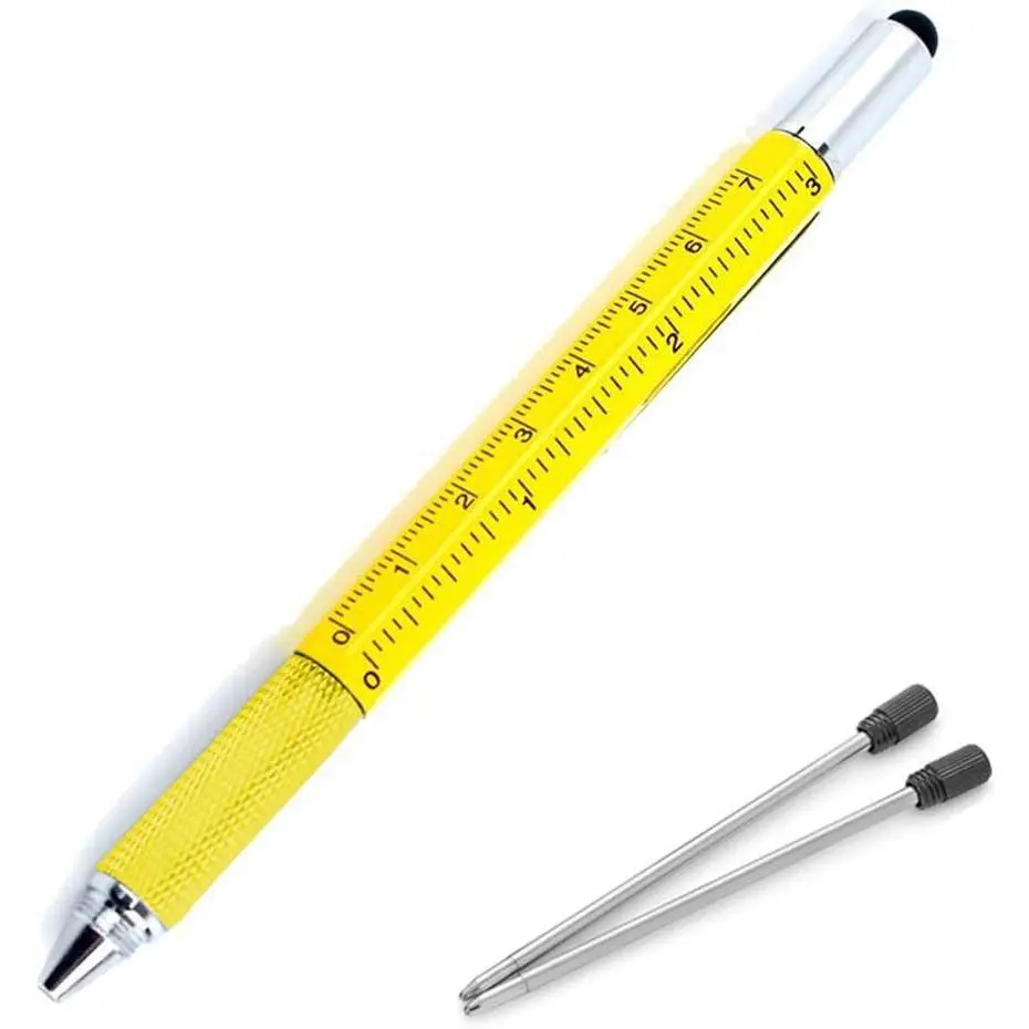 Multifunction Tool Pen, 6 in 1 Tool with Ballpoint Pen,  Screen Stylus, Ruler, Spirit Level, Flat- and Phillips , -in- Tech-Tool Pen with Ink Refills (Yellow + 2×Refills)