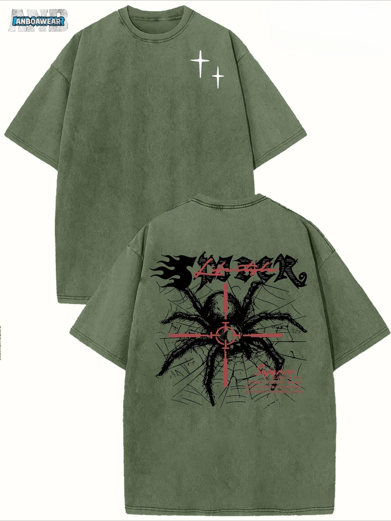 Vintage Harajuku Street Spider Double-Sided Print Pattern, Men's Vintage Streetwear Basic T-Shirt, Loose Hip-Hop and Androgynous Top, Washed Cotton Short-Sleeved Round-Neck T-Shirt for Summer Outdoor Men's Clothing.