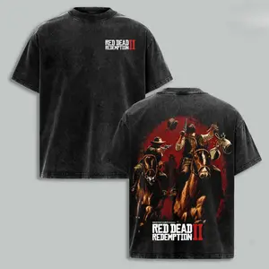 RDR2 outlaw themed vintage washed cotton crew tee, compact game title front emblem & full two cowboys on horseback back illustration, gritty wild west gaming streetwear great for game nights, birthday & western gamer holiday gifting