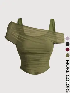 Valentine's Day Women's Asymmetric Neckline Ruched Crop Top - Trendy Mesh Blouse for Club, Date Night & Vacation