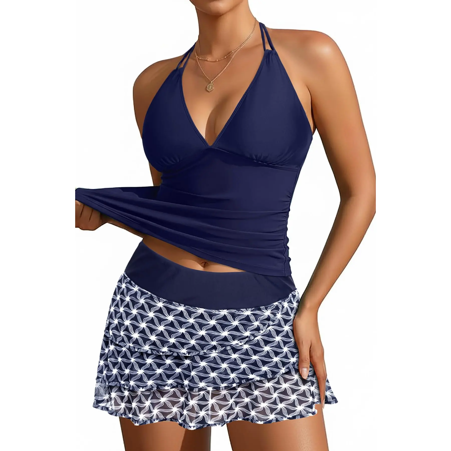 Tankini with Skirt - Two Piece Swimsuit Tummy Control Bathing Suit Halter Swimwear Ruffle Layered Swim Skirt 2026