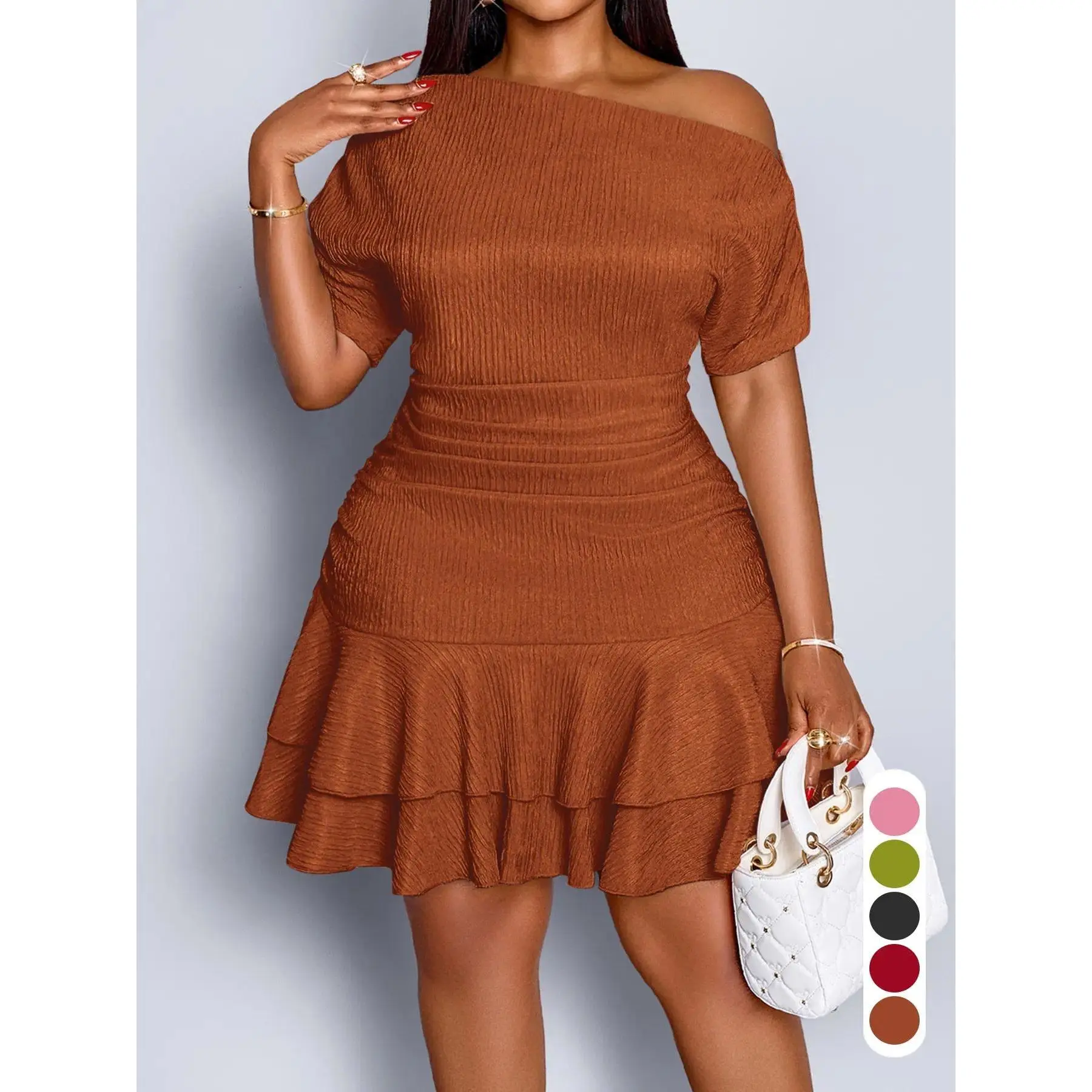 Women's Elegant Chic Solid Plain Slim-Fit Dress, Asymmetrical Neckline Ruffled Hem, All-Season Knit Fabric, Plus Size Available, Womenswear