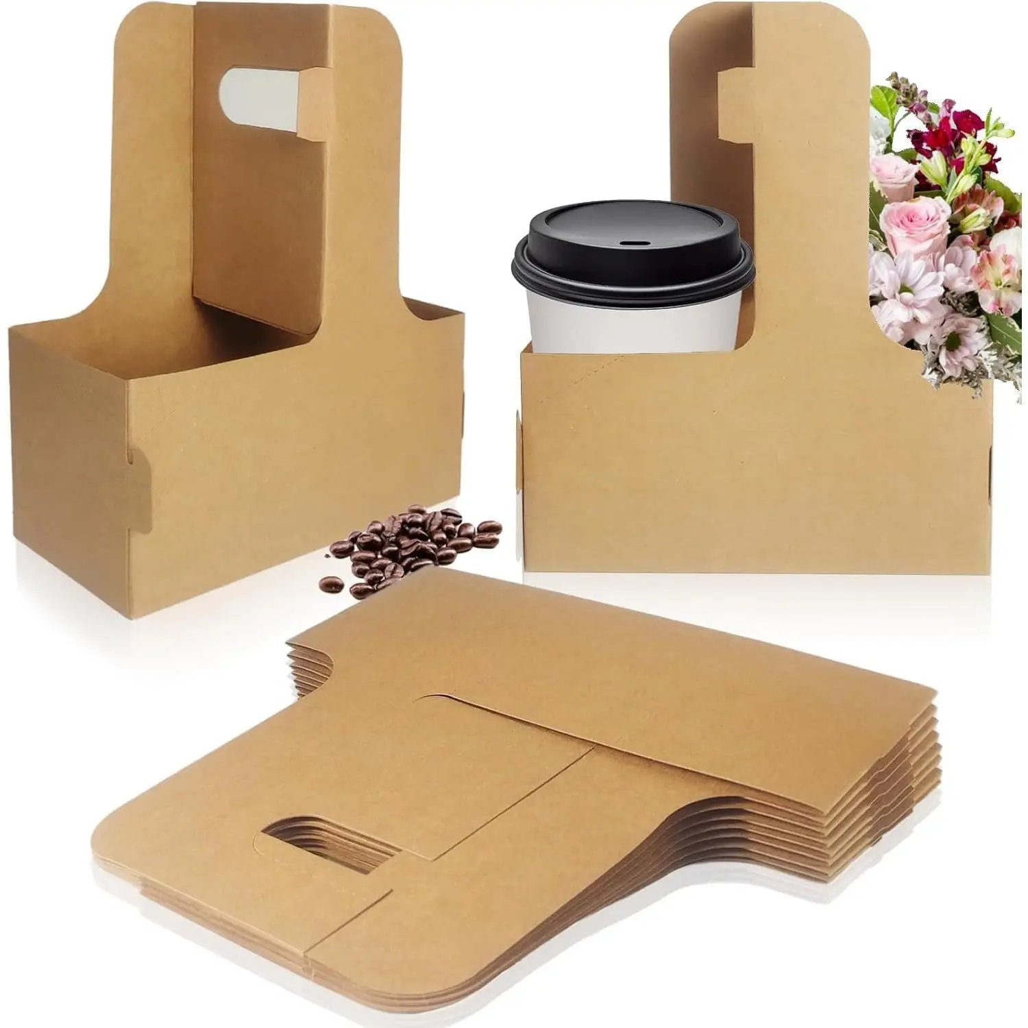 2 Cup Disposable Drink Carrier with Handle, Brown Cardboard Coffee Cup Holder, Cup Carriers for Drinks, Drink Carrier for Delivery, 10 count