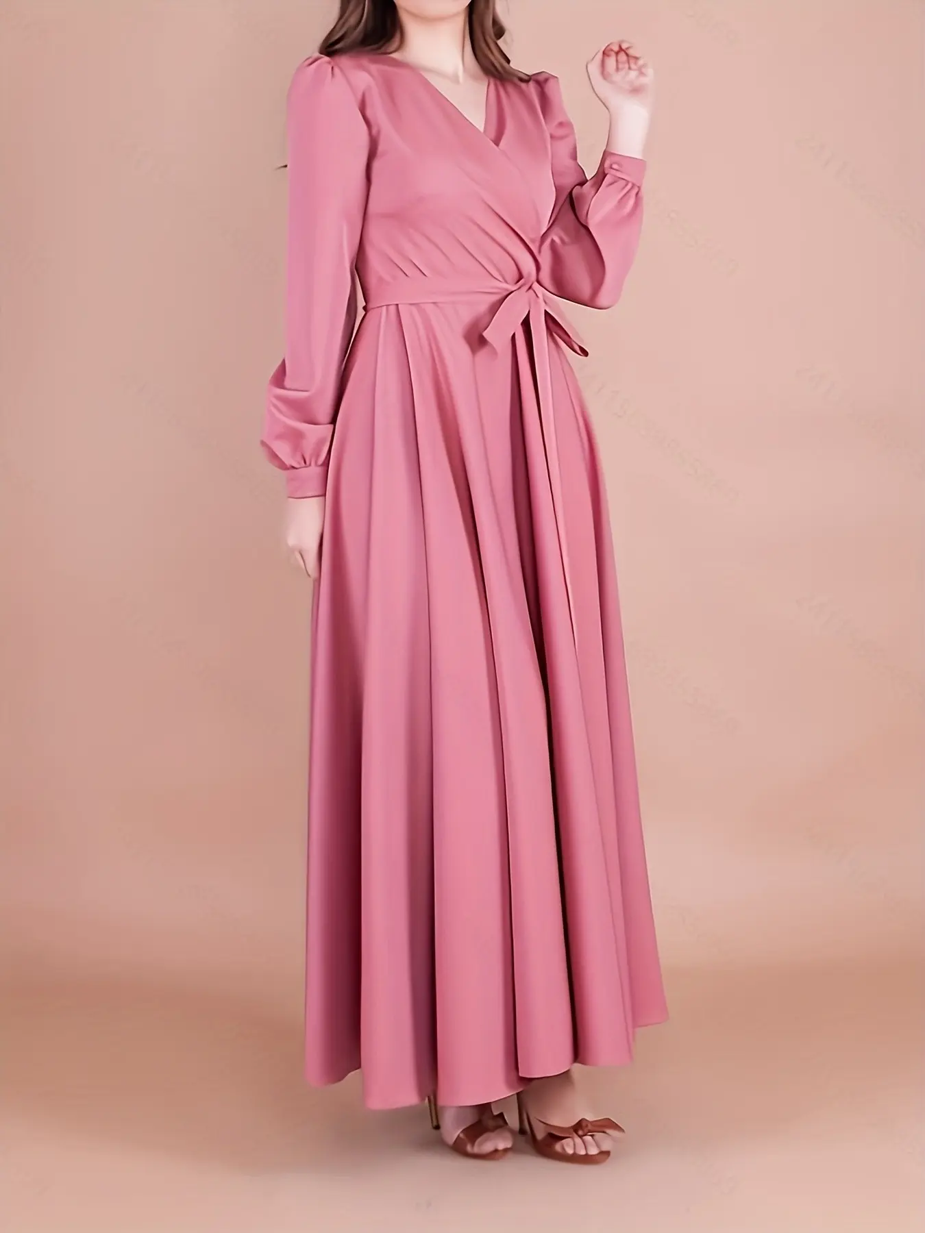 Women's Dusty Modest Wrap Dress, Elegant Casual Loose-Fit, Waist Tie & Long Sleeves, Durable & Versatile, Ideal for Daily Wear/weekend Trips, Long Sleeve Dresses