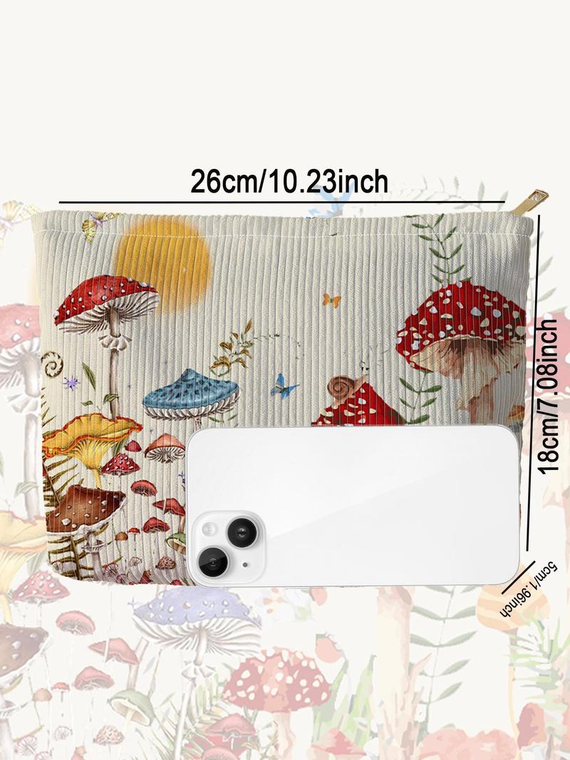 Cute Mushroom & Butterfly Pattern Makeup Bag, Multifunctional Large Capacity Storage Bag, Zipper Corduroy Makeup Bag for Travel & Daily Use, Handheld Cosmetic Pouch