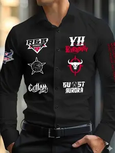 Men's Letter Print Long Sleeve Dress Shirt, Regular Fit Casual Button Front Collared Shirt for Spring & Fall, Fashion Men's Top for Daily Wear