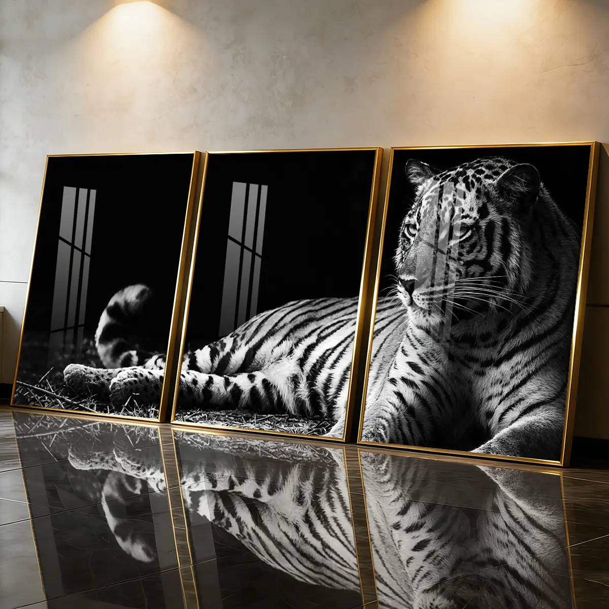 3 Count Aluminum Alloy Frame Canvas, Fashion Poster Black And White Tiger, Modern Living Room Decoration, Light Luxury Family Art, Suitable For Bedroom, Corridor And Office Wall Decor, Gift