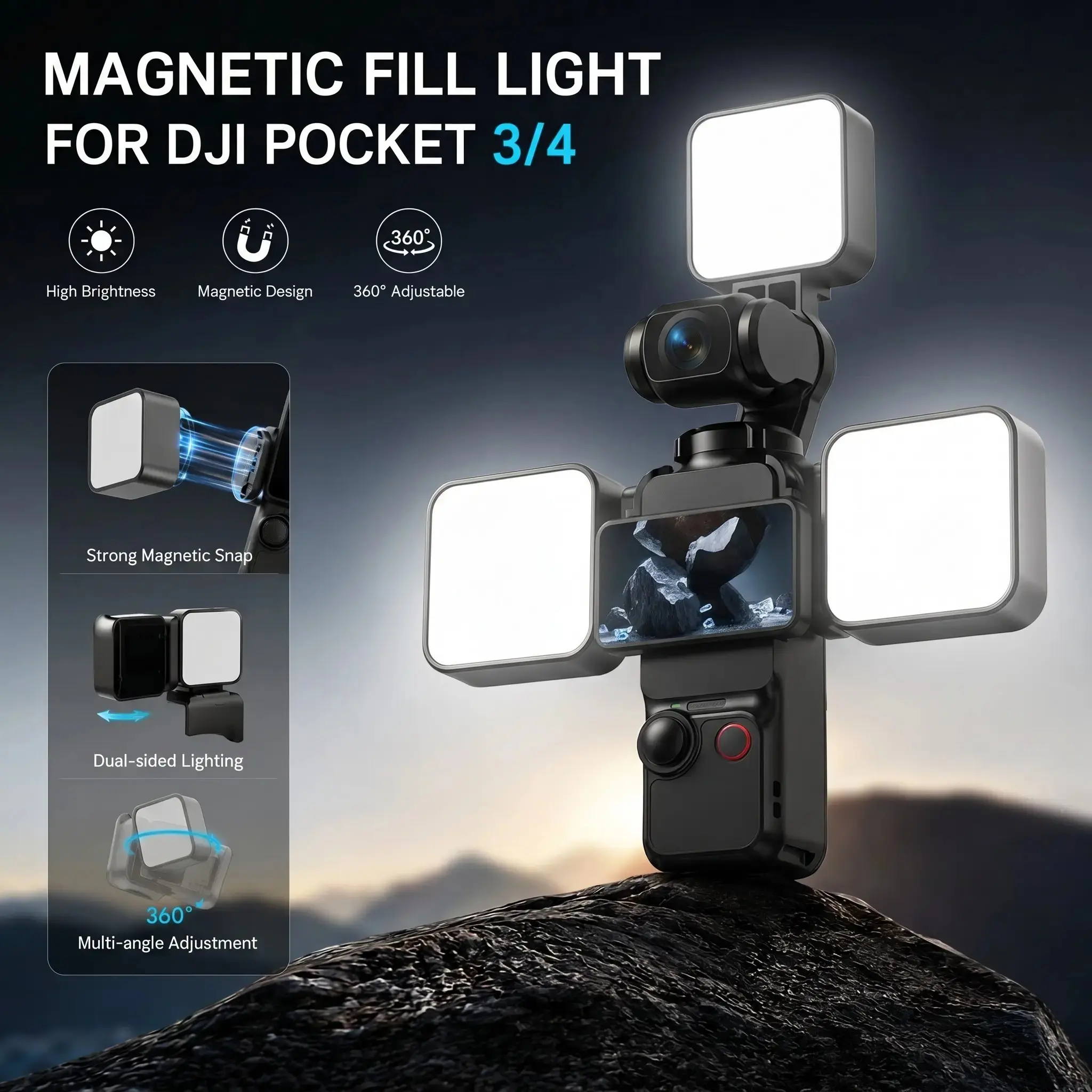 for Dji Osmo Pocket 3 Light Creator Combo, Rechargeable Mini LED Selfie Fill Light, Photography Fill Light, 3 Color Modes, Adjustable Brightness, Vlog, Makeup, Tiktok, Dual Lamp