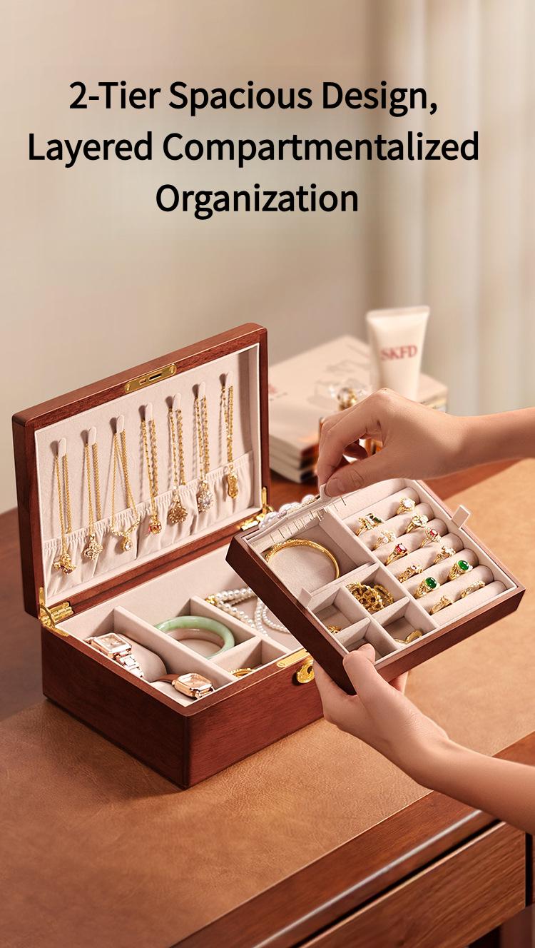 Solid wood embedded double-layer home jewelry box, desktop earring and ring storage box, flip-top lockable accessory storage box