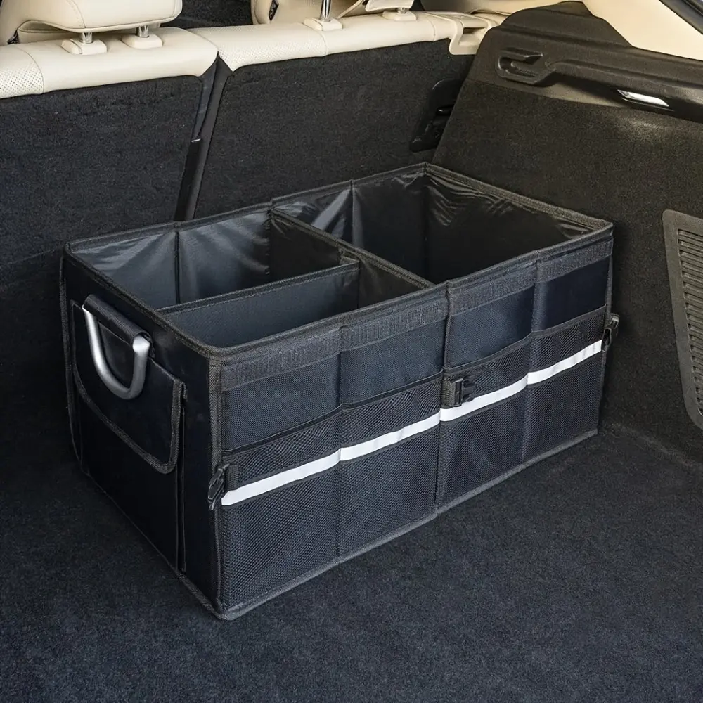 Foldable Car Trunk Organizer with Lid, Waterproof 3-Compartment Storage Box, Large Capacity Cargo Organizer with Aluminum Handles for SUV, Truck & Car