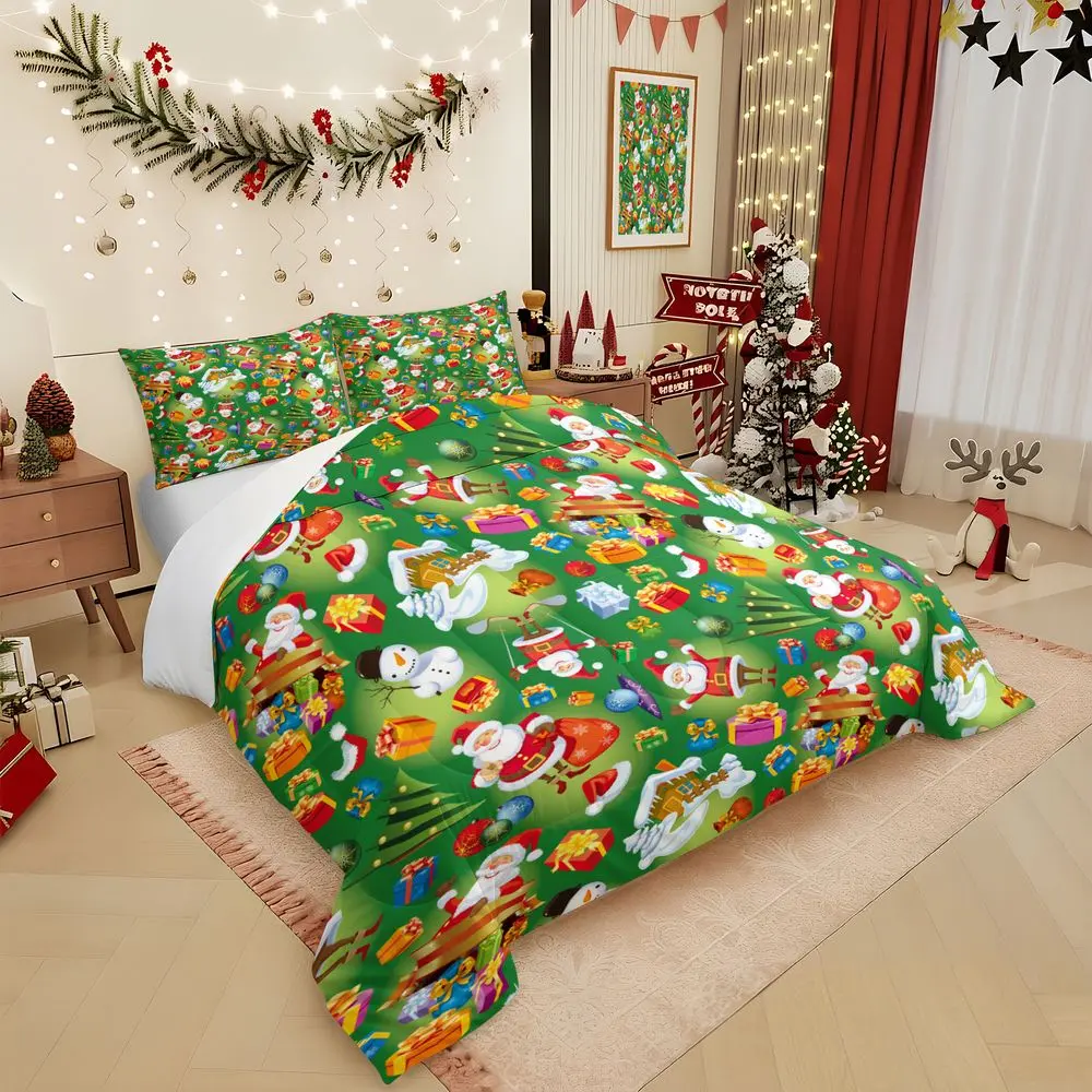 2/3Pcs Christmas Santa Claus Comforter Set, Festive Green Holiday Bedding Set with Snowman Pattern, Soft Lightweight Quilt for Kids Bedroom Decor, Includes Pillowcase No Pillow Core
