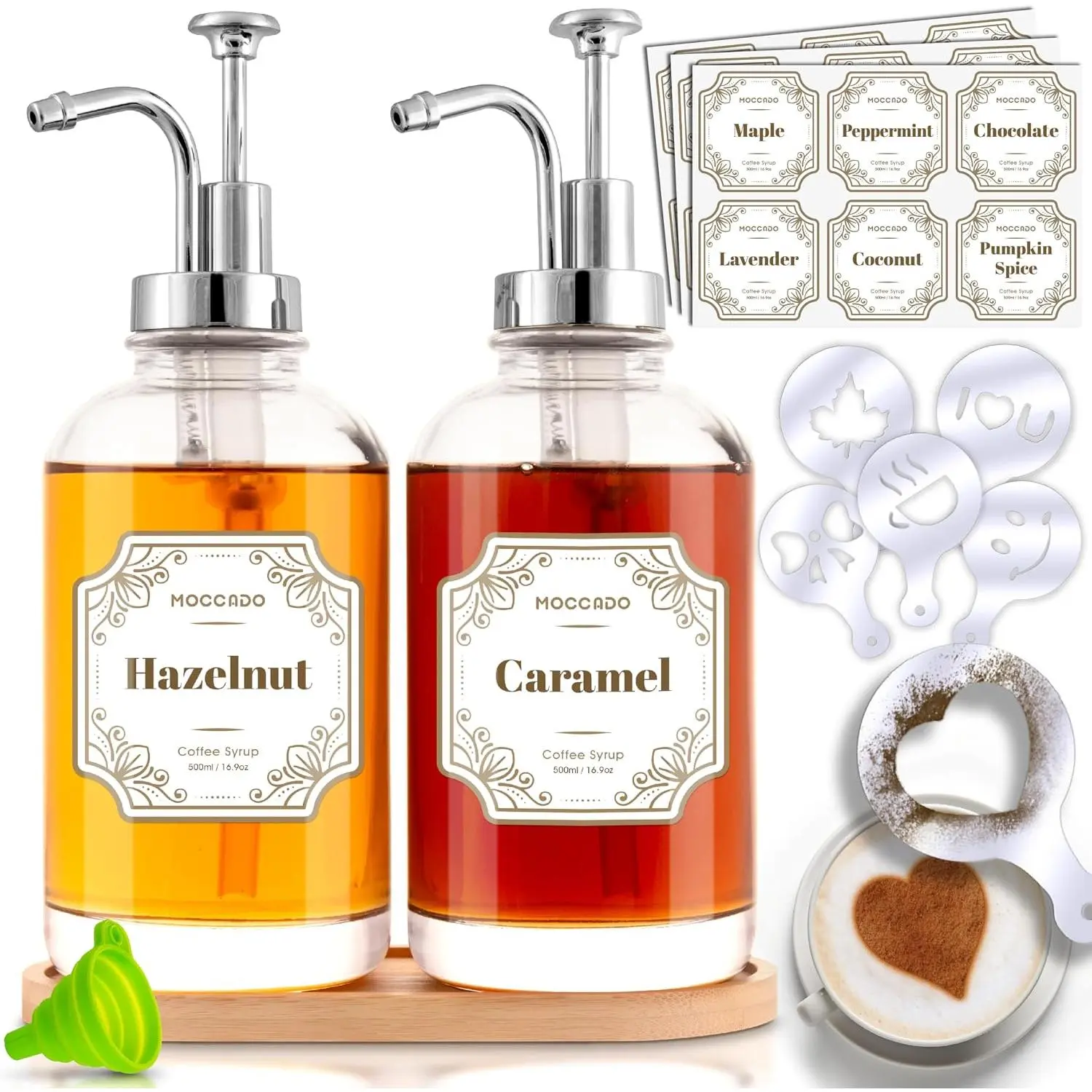 2-Pack 16.9oz (500ml) Clear Glass Coffee Syrup Dispenser Set with Pumps, Labels & Funnel for Coffee Bar